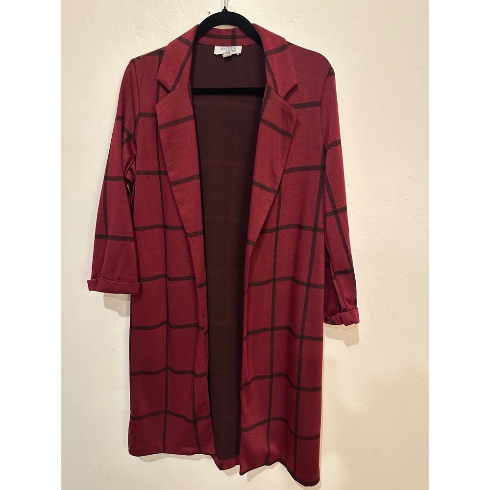 Vintage Charlotte Russe Burgundy Windowpane Plaid Open Front Longline Blazer L